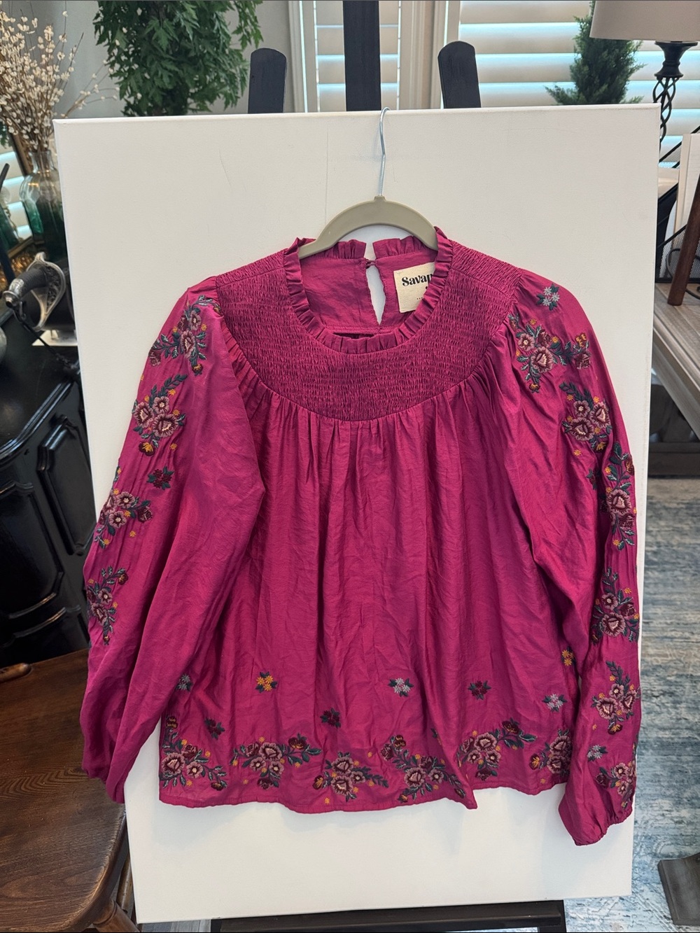 Savannah Fuchsia Embroidered Smocked Yoke Blouse